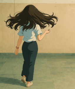  "A young girl with flowing brown hair and a white dress standing in a windy meadow, inspired by Studio Ghibli art style..