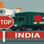 "Illustration showing a Bangladeshi export truck stopped at the Indian border with a 'STOP' sign, highlighting trade restrictions. The Indian map and national flag appear in the background."