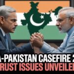 "India and Pakistan leaders arm-wrestling over 2025 ceasefire, highlighting trust issues with flags and map background."
